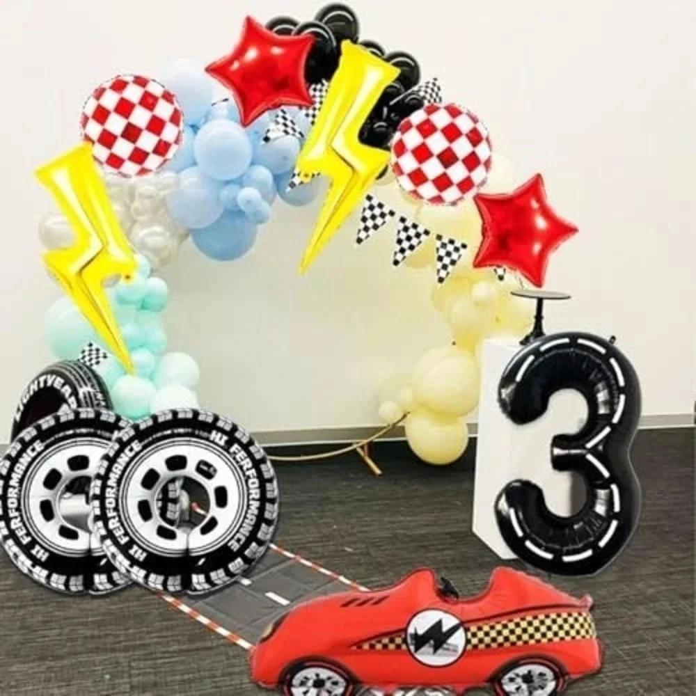 Race Car Racing Party Balloons Decorations #3 Foil Lightning Checkered Stars BIG